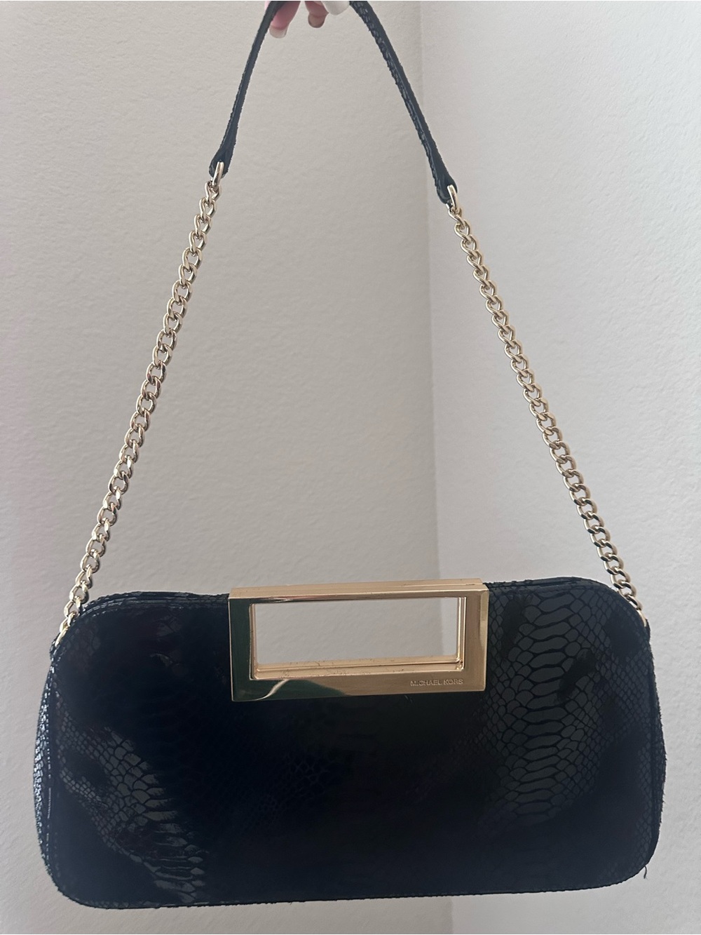 MICHAEL Michael Kors Black Clutch with Gold Chain and Rectangular Handle